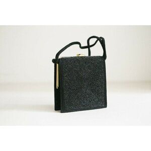Vintage Black Fully Beaded Geometric Print Small Square  Suede Purse